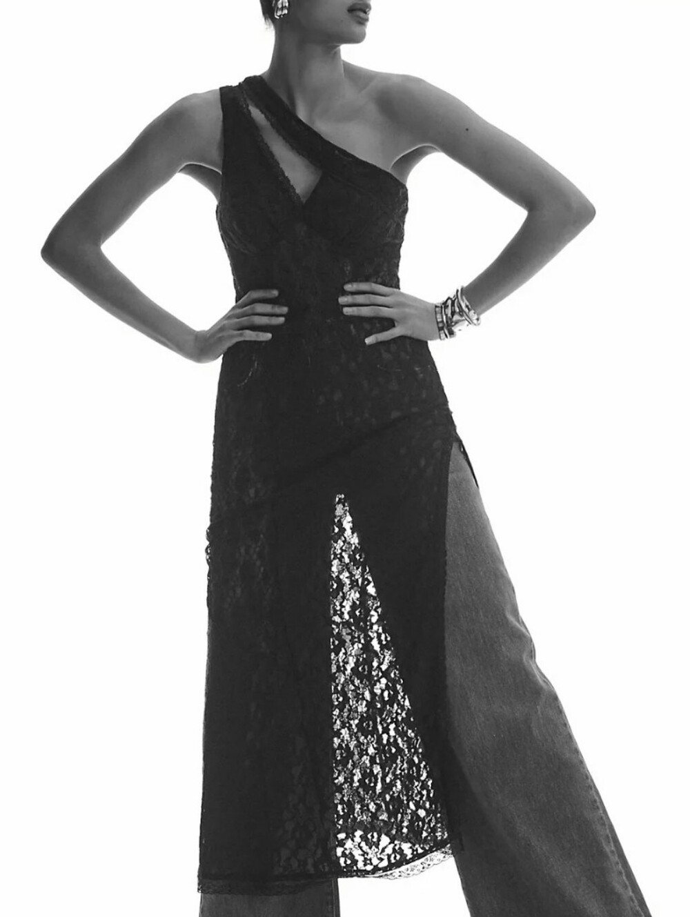 ANTHROPOLOGIE Black Lace One Sided Shoulder Long Top With Slit